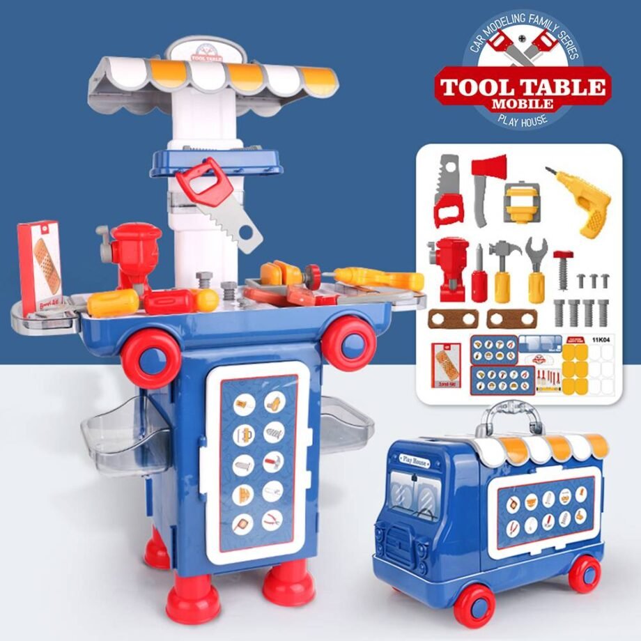 2 IN 1 Vanyeh Pretend Play House Tool Table Mobile DIY Carpenter Construction Bus Stall Set 11K04