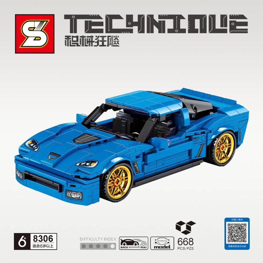 SY Sheng Yuan Technique 8306 Z06 Blue Sports Car Vehicle Building Block Bricks Pull Back Gear 668 pcs