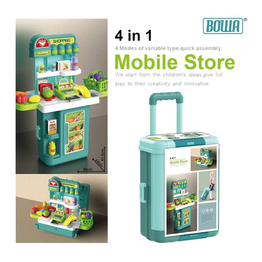 4 Mode Bowa Mobile Store Table Pretend Pay Suitcase Trolley Case Stall Set Fruit Vegetables Supermarket Grocery Cashier