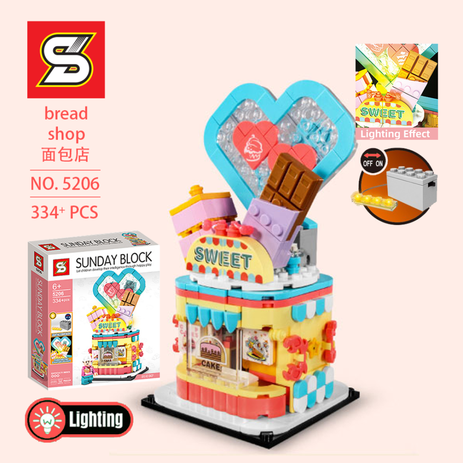(LED Lighting Kit) SY Sheng Yuan 5206 Light Street View Bakery Shop Sunday Block Series Building Bricks